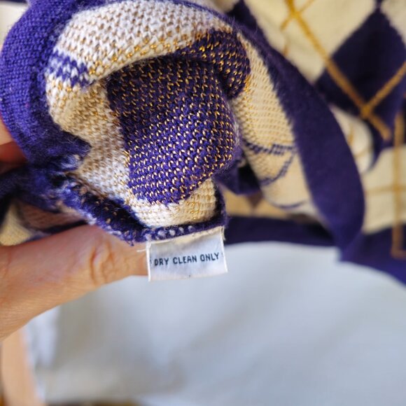 Dana Buchman Purple/Cream/Gold Wool Argyle V-neck Sweater Medium - Picture 4 of 9